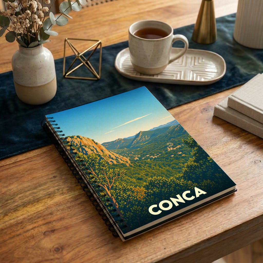 Carnet souvenir à spirale de la ville de Conca avec une illustration stylisée de ses paysages montagneux.
