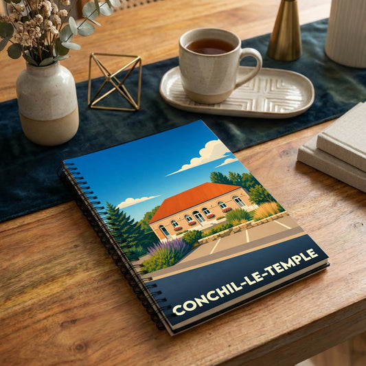 Carnet de notes à spirales souvenir de la ville de Conchil-le-Temple avec une illustration stylisée.