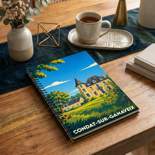 Carnet de notes souvenir de la ville de Condat-sur-Ganaveix avec une illustration stylisée de son château.