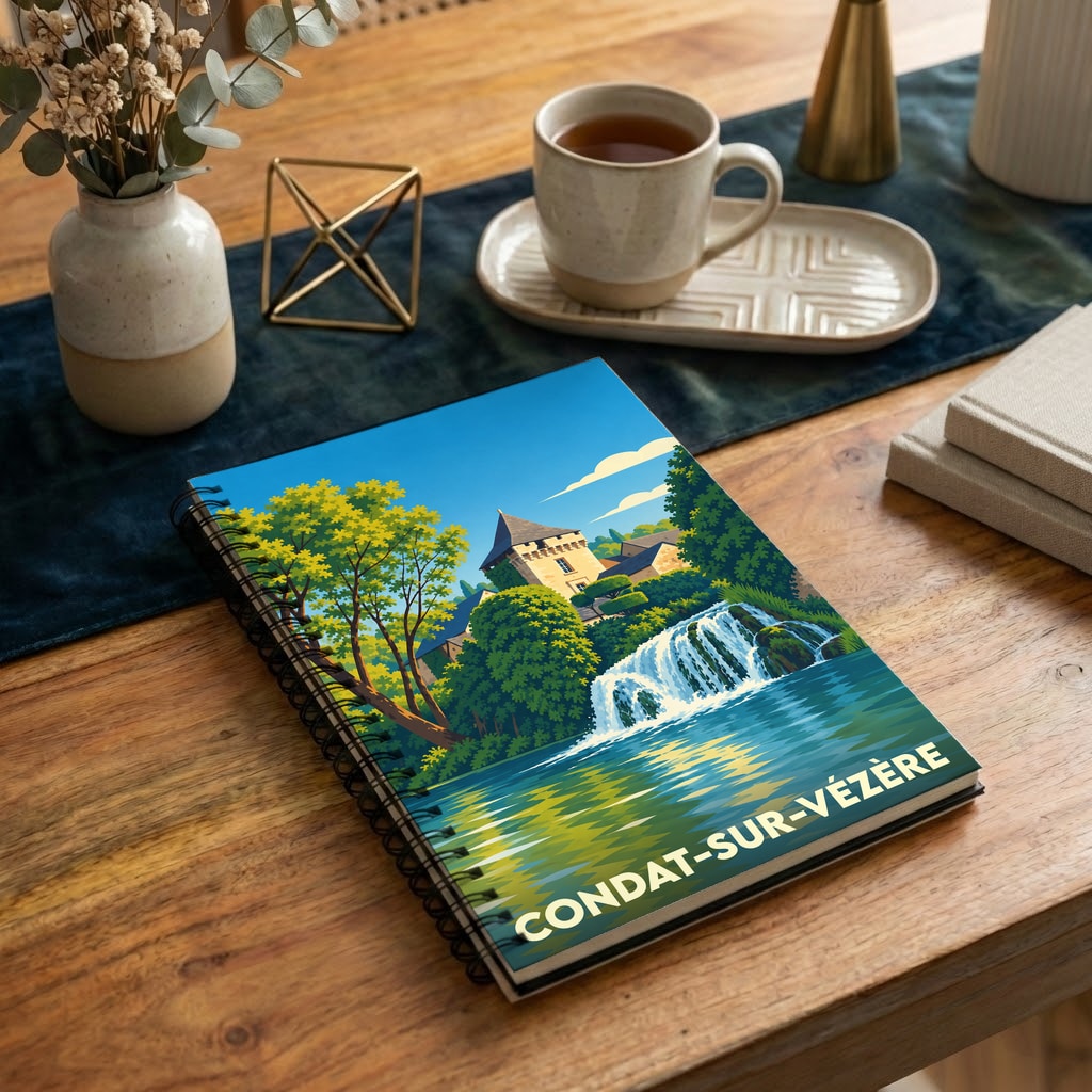Carnet souvenir de la ville de Condat-sur-Vézère avec une illustration stylisée d'une cascade et d'un château.