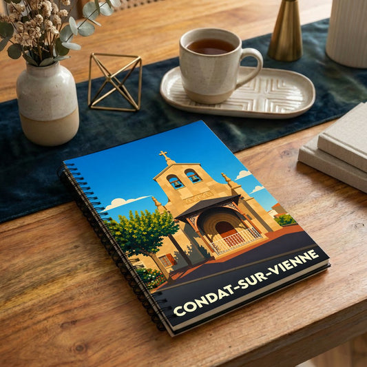Carnet souvenir de la ville de Condat-sur-Vienne avec une illustration stylisée de son église.