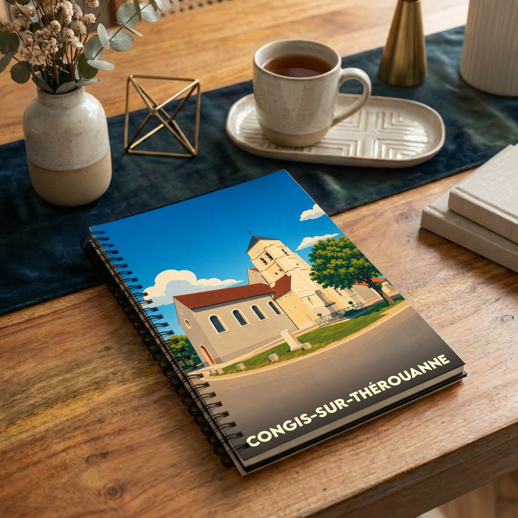 Carnet de notes à spirales souvenir de la ville de Congis-sur-Thérouanne avec une illustration stylisée de son église.