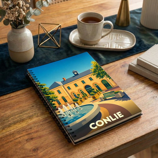 Carnet à spirales souvenir de la ville de Conlie arborant une illustration stylisée de sa mairie et d'une fontaine.