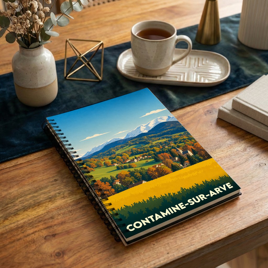 Carnet à spirales souvenir de la ville de Contamine-sur-Arve avec une illustration de paysage montagneux stylisée.