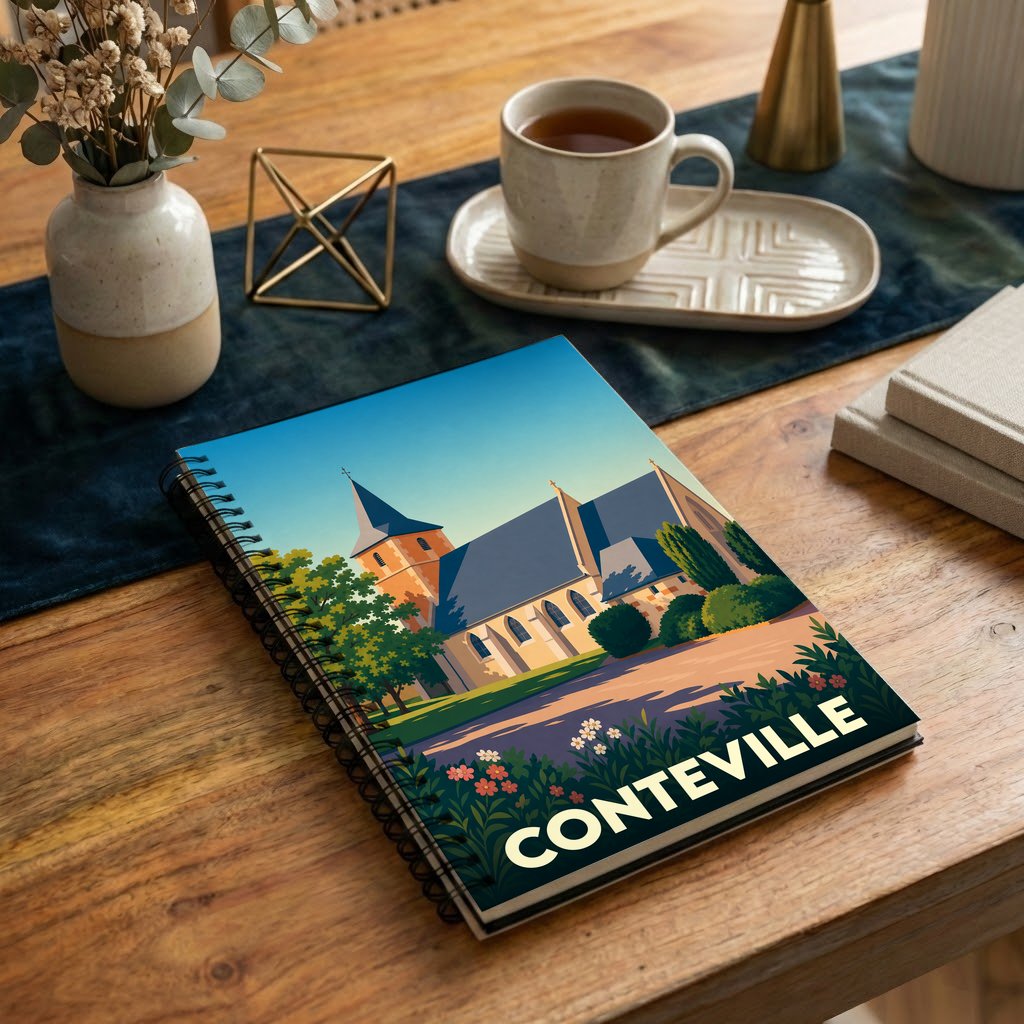Carnet à spirales souvenir de la ville de Conteville avec une illustration stylisée de son église.