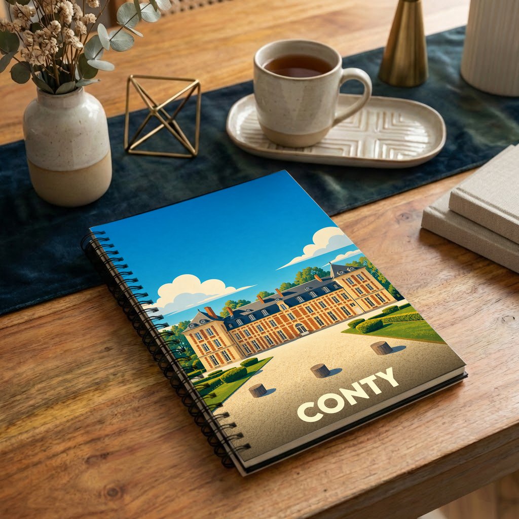 Carnet à spirales souvenir de la ville de Conty avec une illustration stylisée de son château.