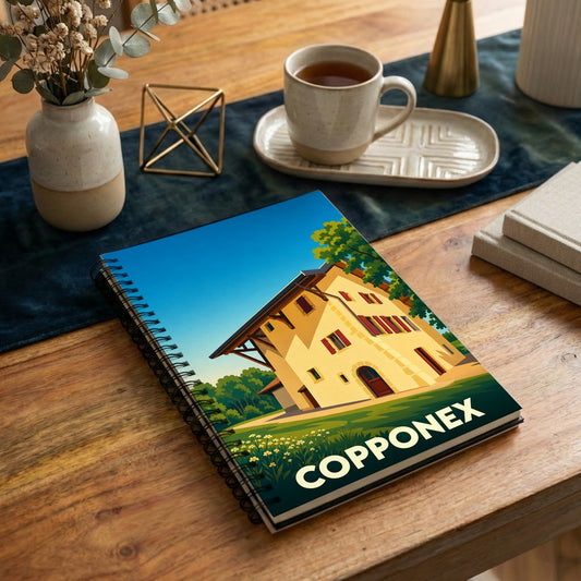 Carnet à spirales souvenir de la ville de Copponex avec une illustration stylisée d'une maison traditionnelle.