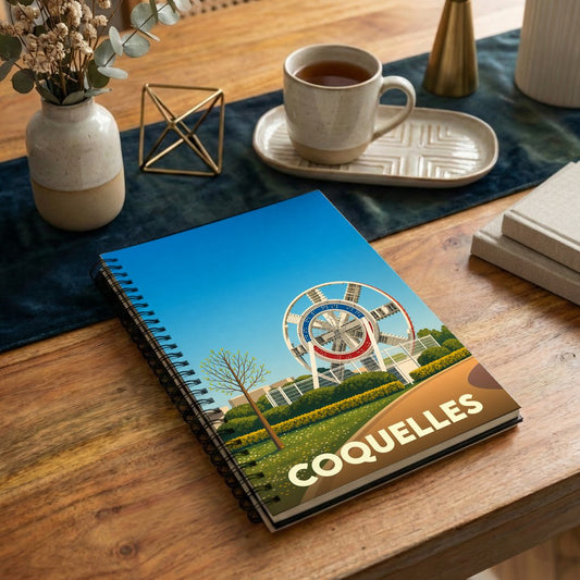 Carnet souvenir de la ville de Coquelles avec une illustration stylisée de la roue de l'un des tunneliers de l'Eurotunnel.