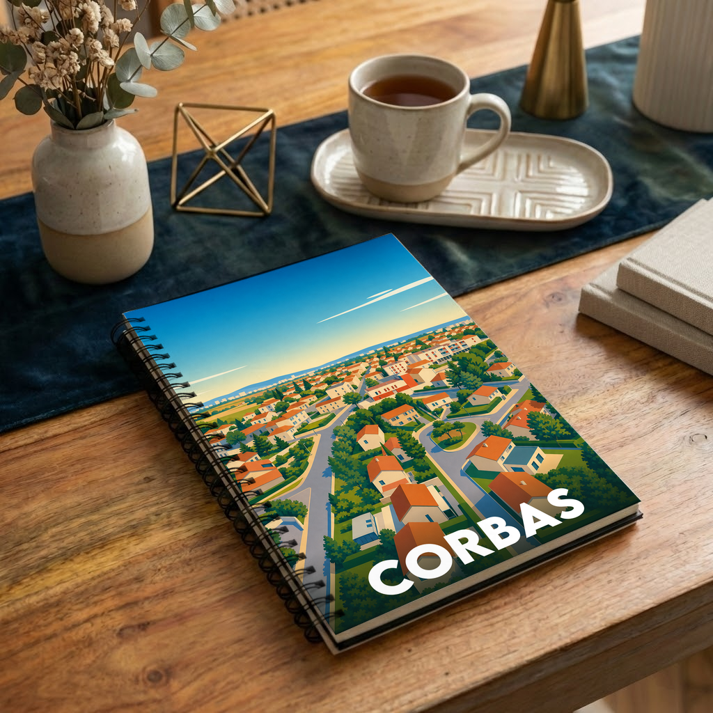 Carnet à spirales souvenir de la ville de Corbas avec une illustration stylisée d'un paysage urbain.