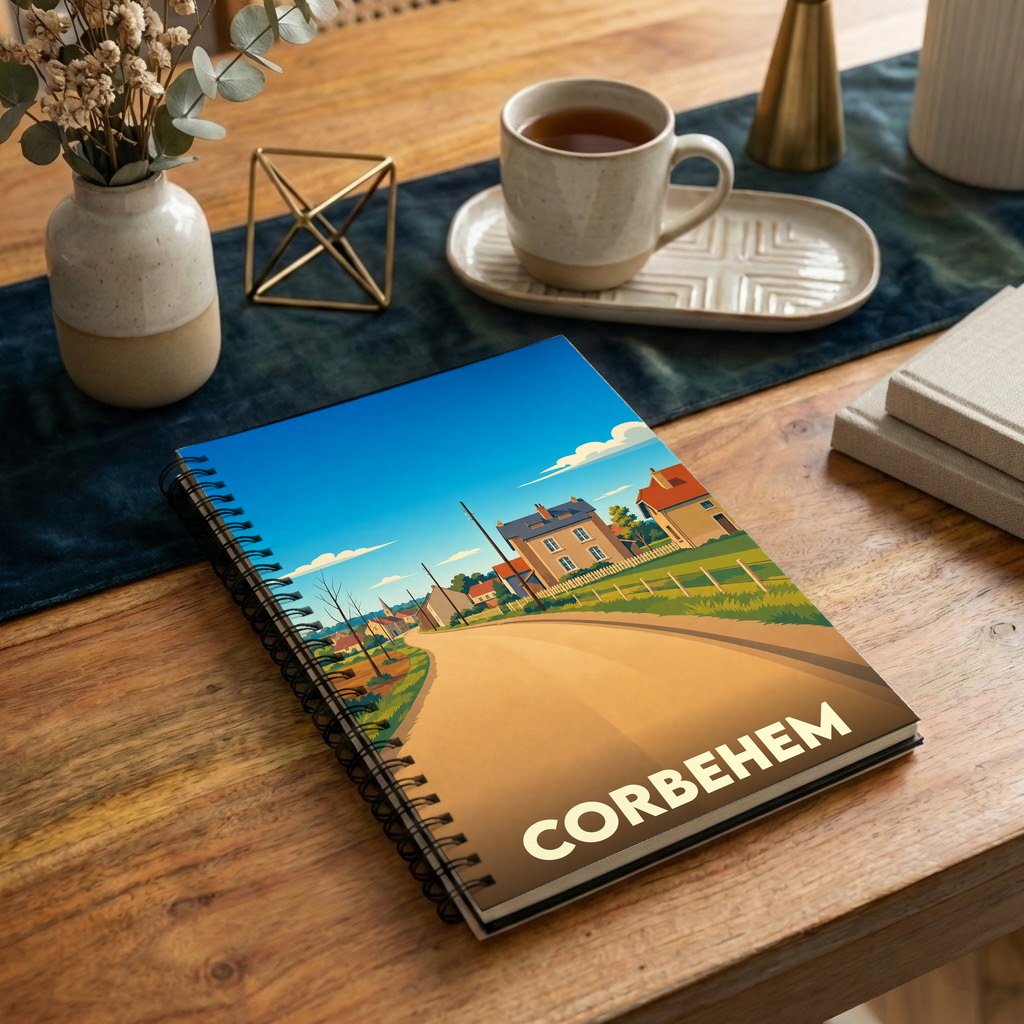 Carnet à spirales souvenir de la ville de Corbehem avec une illustration stylisée de ses paysages.