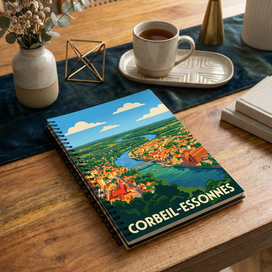 Carnet souvenir de la ville de Corbeil-Essonnes avec une illustration stylisée.