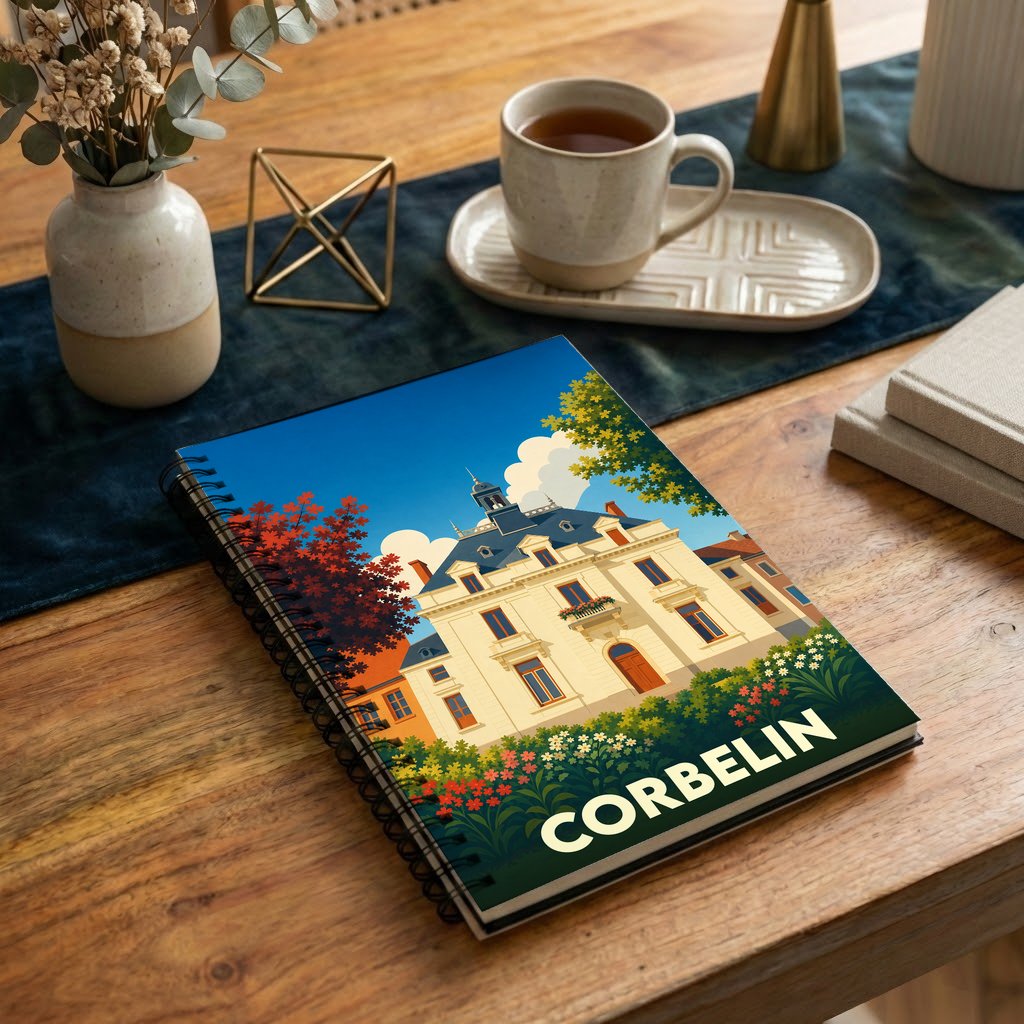 Carnet à spirales souvenir de la ville de Corbelin illustré d'un manoir dans un style vintage.