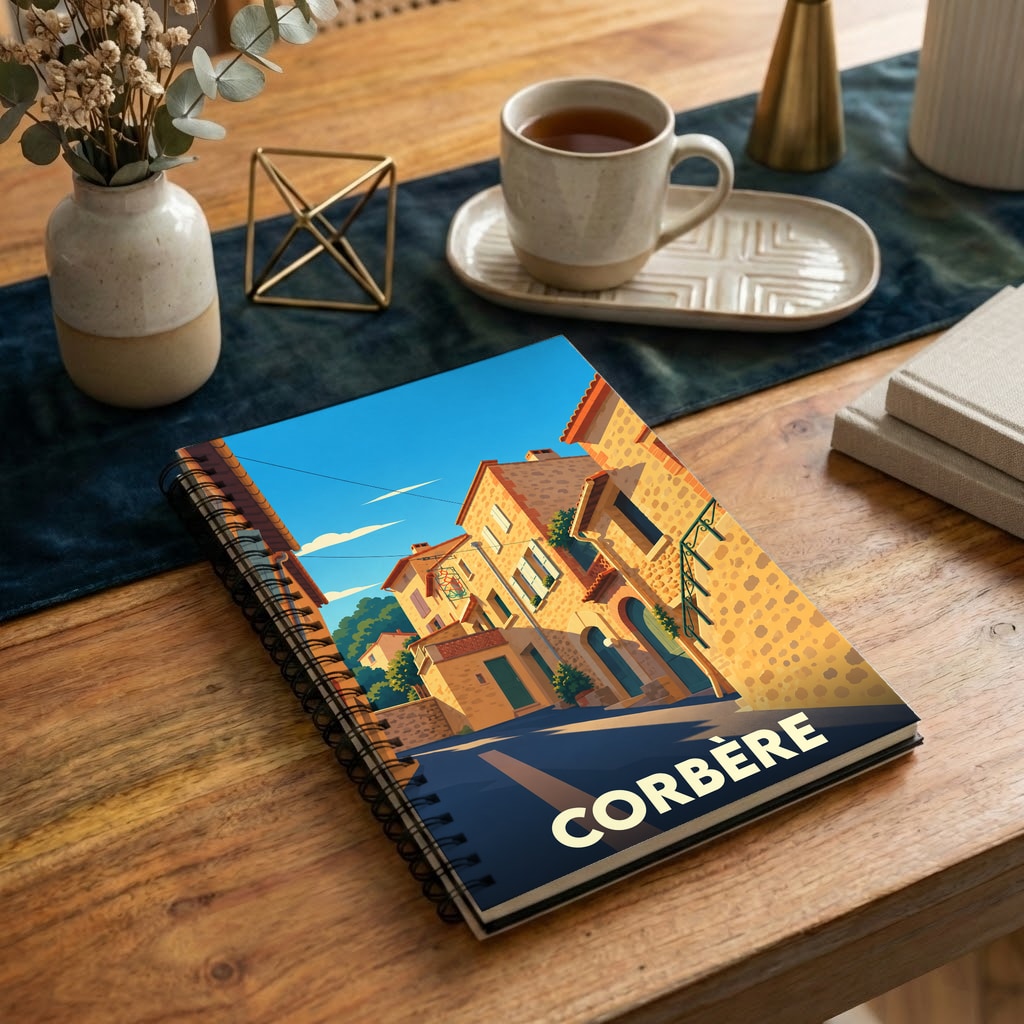 Carnet souvenir de la ville de Corbère avec une illustration stylisée d'un village méditerranéen.