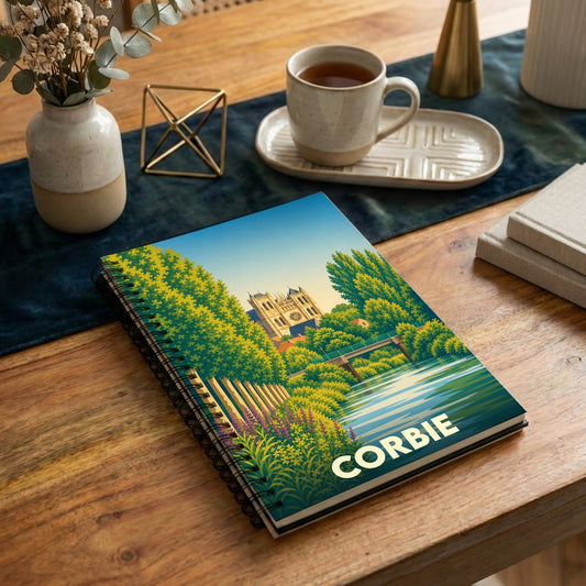 Carnet souvenir de la ville de Corbie illustré d'un paysage stylisé de son abbaye au bord de l'eau.