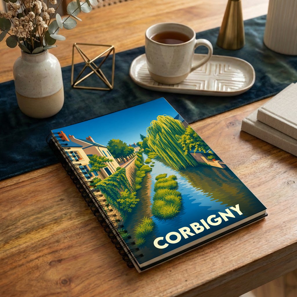 Carnet souvenir de la ville de Corbigny avec une illustration stylisée d'un canal bordé de saules pleureurs.