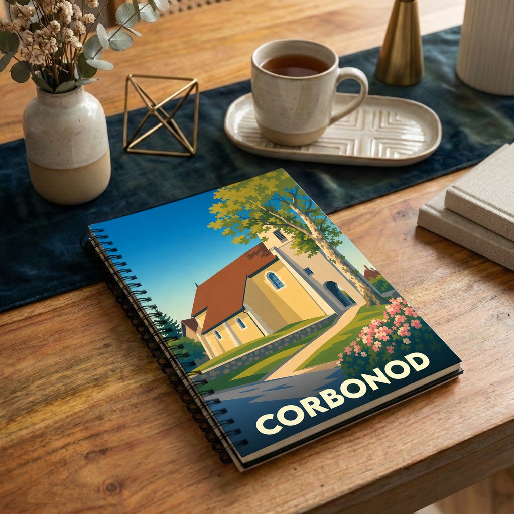 Carnet à spirale souvenir de la ville de Corbonod orné d'une illustration stylisée de son église.