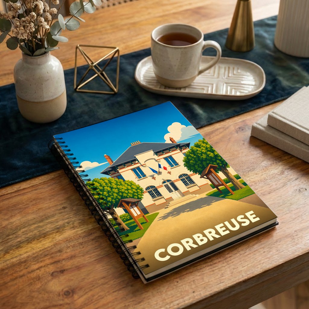 Carnet à spirale souvenir de la ville de Corbreuse avec une illustration stylisée de sa mairie.