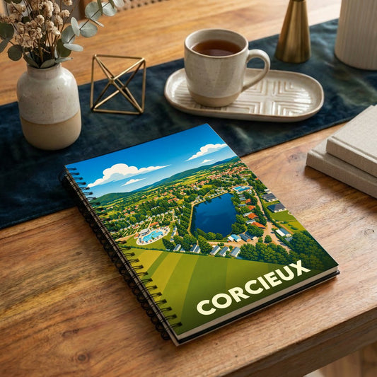 Carnet à spirales souvenir de la ville de Corcieux avec une illustration stylisée d'un paysage verdoyant.