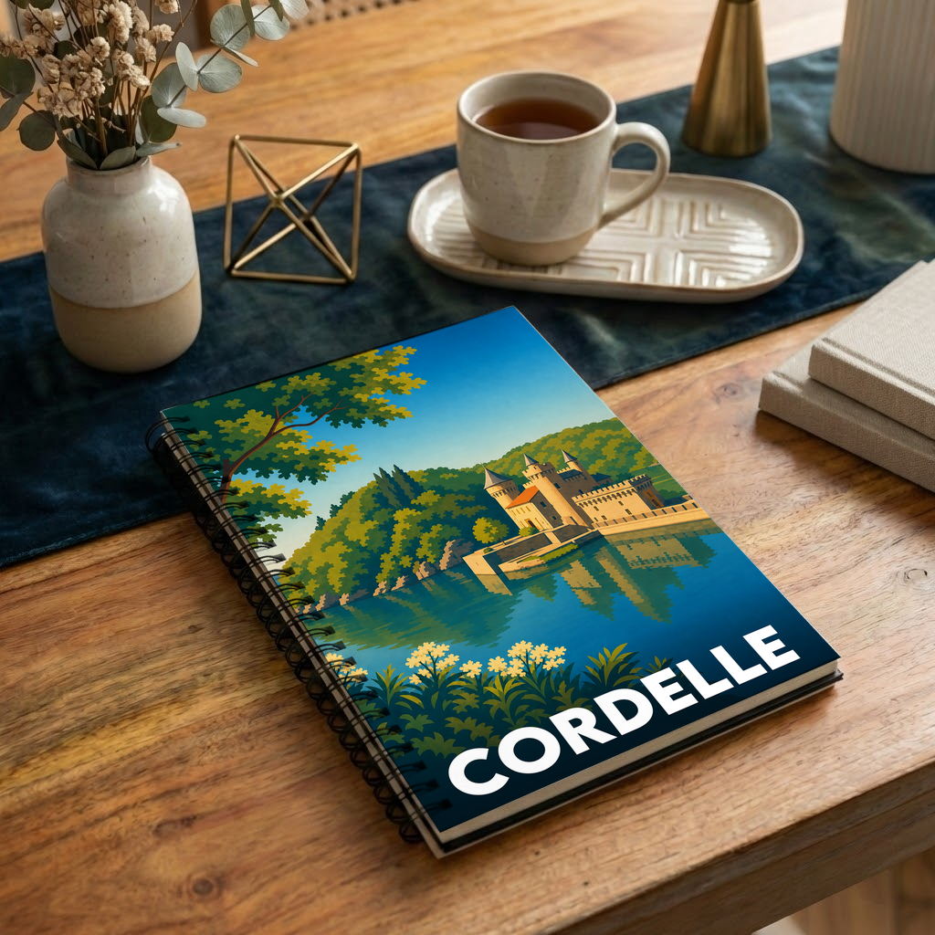 Carnet souvenir de la ville de Cordelle avec une illustration stylisée d'un château au bord de l'eau.