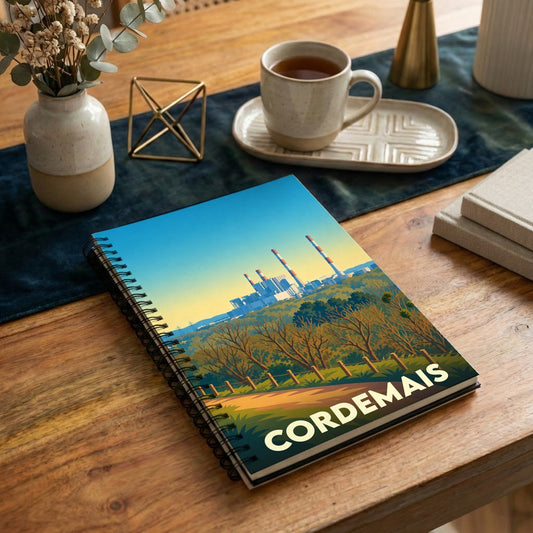 Carnet à spirales souvenir de la ville de Cordemais avec une illustration stylisée de sa centrale thermique.