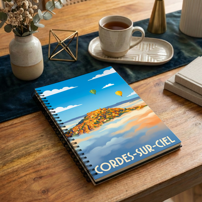 Carnet souvenir de la ville de Cordes-sur-Ciel avec une illustration stylisée.