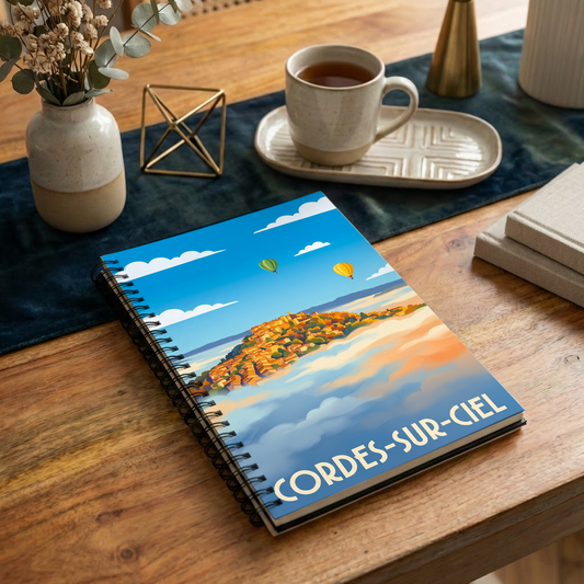 Carnet souvenir de la ville de Cordes-sur-Ciel avec une illustration stylisée.