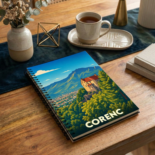 Carnet à spirales souvenir de la ville de Corenc avec une illustration stylisée d'un paysage montagneux.