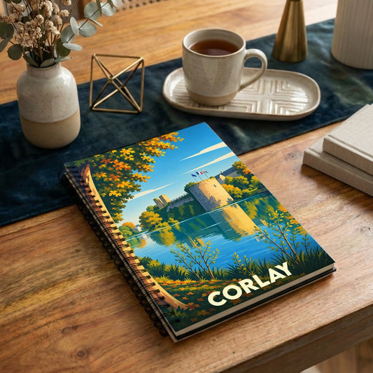 Carnet à spirales souvenir de la ville de Corlay avec une illustration stylisée d'un château au bord de l'eau.