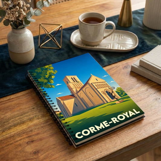 Carnet à spirales souvenir de la ville de Corme-Royal avec une illustration stylisée de son église romane.