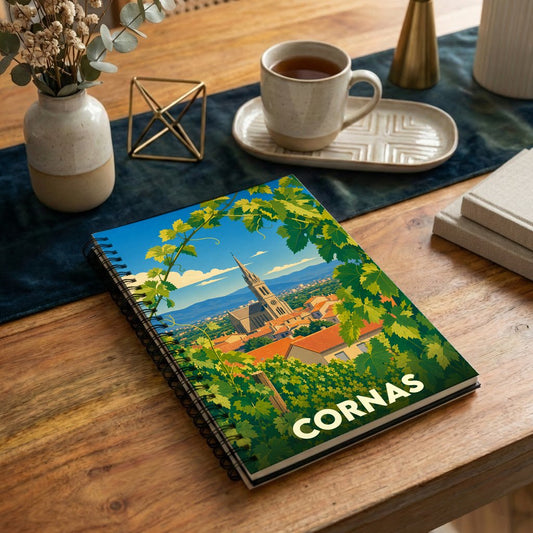 Carnet souvenir de la ville de Cornas avec une illustration stylisée d'un vignoble surplombant le village.