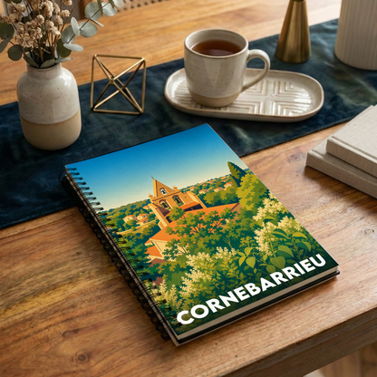 Carnet à spirales souvenir de la ville de Cornebarrieu avec une illustration stylisée d'un clocher entouré de verdure.