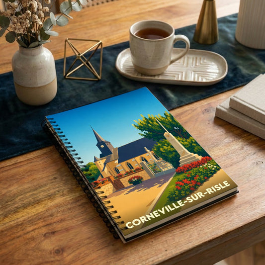 Carnet à spirales souvenir de Corneville-sur-Risle avec une illustration stylisée de son église et d'un monument.