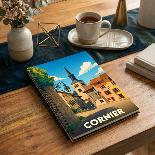 Carnet à spirales souvenir de la ville de Cornier avec une illustration stylisée et colorée.