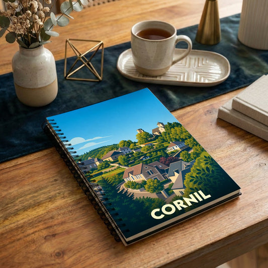 Carnet à spirales souvenir de la ville de Cornil avec une illustration stylisée de ses maisons flanc de colline.
