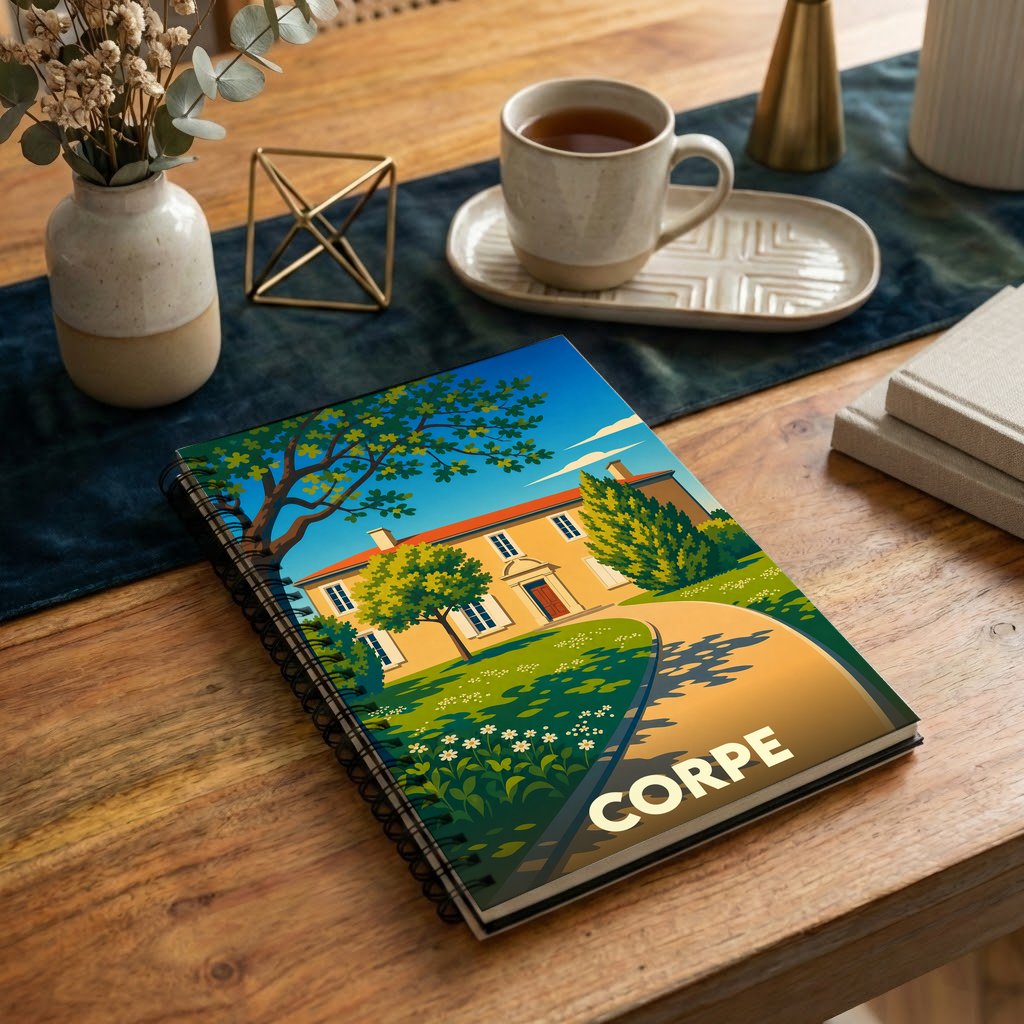 Carnet souvenir de la ville de Corpe avec une illustration stylisée d'une maison de maître.