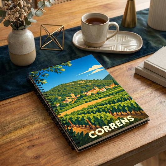 Carnet souvenir de la ville de Correns orné d'une illustration stylisée de ses vignobles.