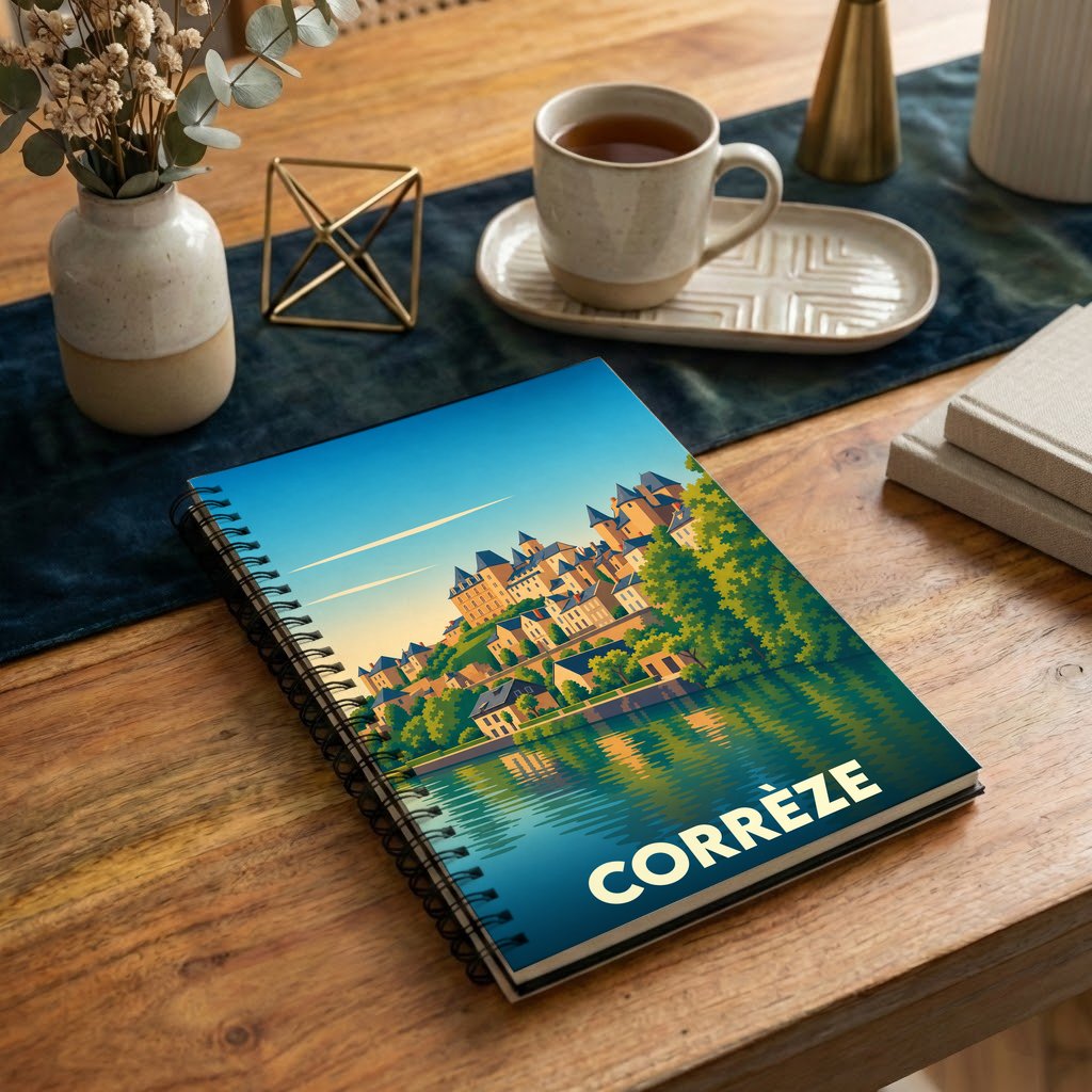 Carnet à spirales souvenir de la Corrèze orné d'une illustration stylisée d'un village au bord de l'eau.