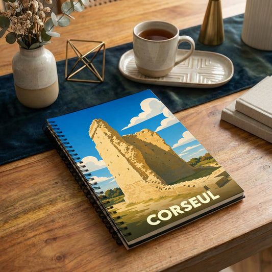 Carnet à spirales souvenir de la ville de Corseul avec une illustration stylisée des ruines du temple de Mars.