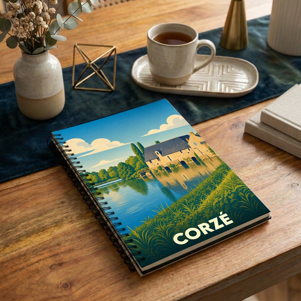 Carnet à spirale souvenir de la ville de Corzé avec une illustration stylisée de son moulin au bord de l'eau.
