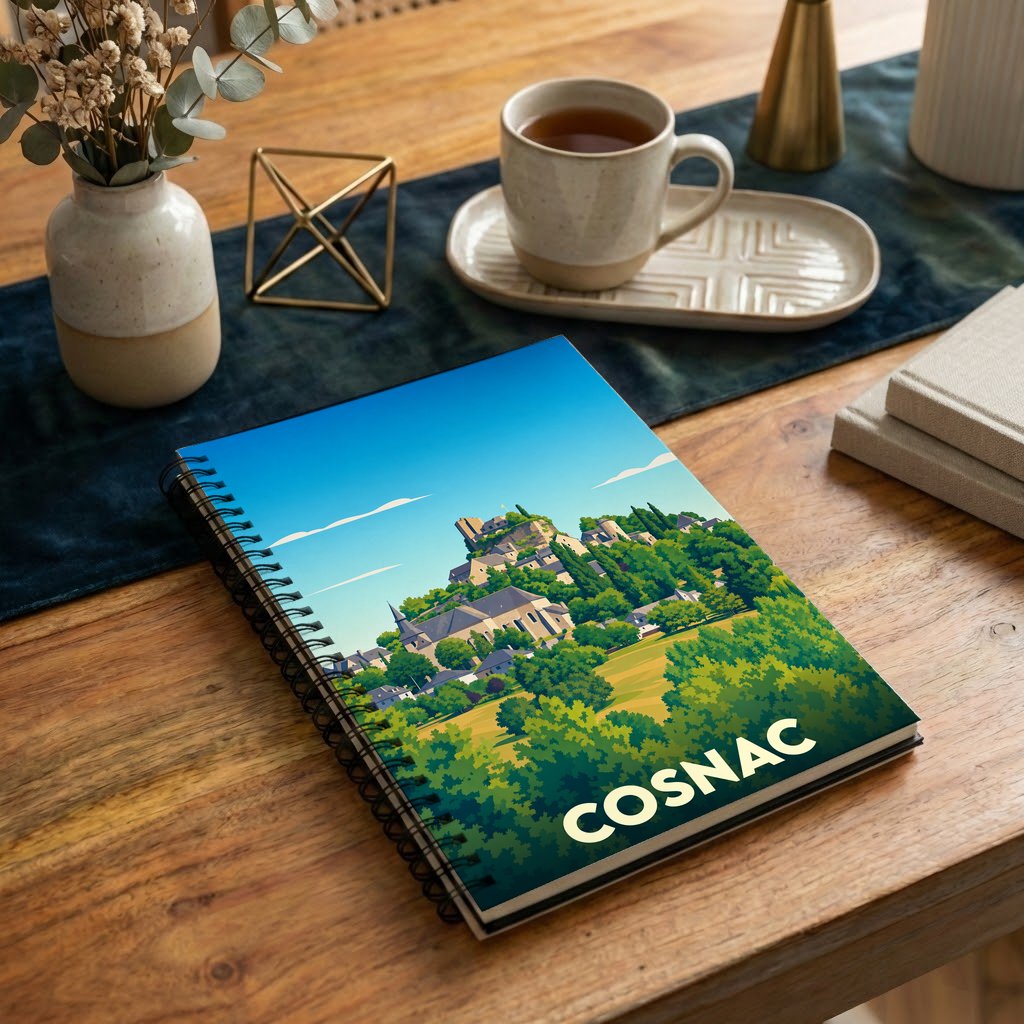 Carnet à spirales souvenir de la ville de Cosnac avec une illustration stylisée.
