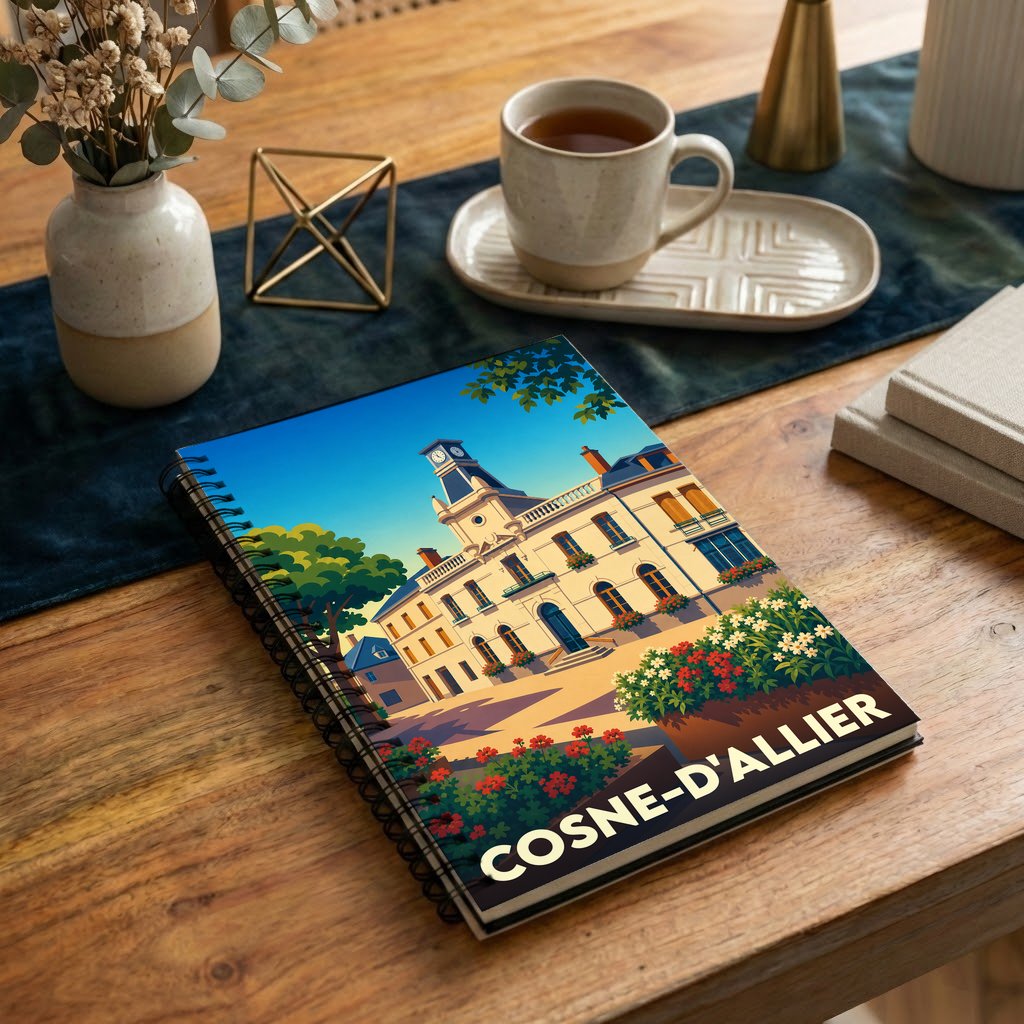 Carnet à spirales souvenir de la ville de Cosne-d'Allier avec une illustration stylisée de son hôtel de ville.