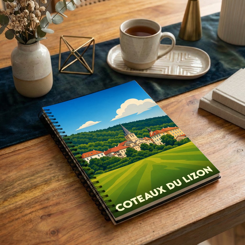 Carnet à spirales souvenir de la commune de Coteaux du Lizon avec une illustration de paysage stylisée.