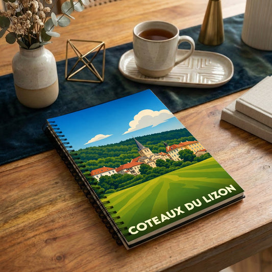 Carnet à spirales souvenir de la commune de Coteaux du Lizon avec une illustration de paysage stylisée.