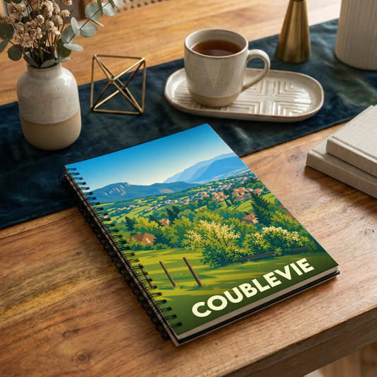 Carnet à spirale souvenir de la ville de Coublevie avec une illustration paysagère stylisée.