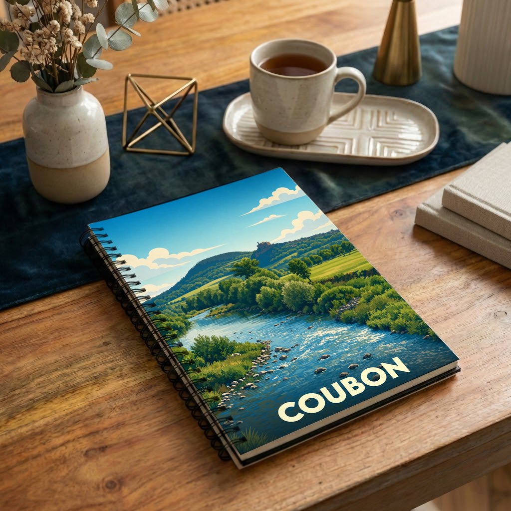 Carnet de notes à spirales souvenir de la ville de Coubon avec une illustration stylisée de son paysage fluvial.