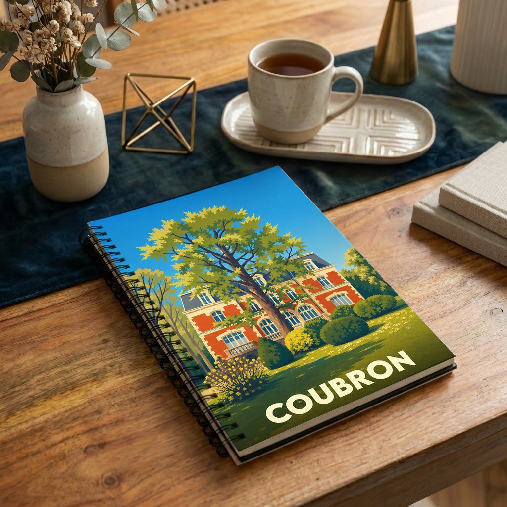 Carnet souvenir de la ville de Coubron avec une illustration stylisée de son patrimoine.