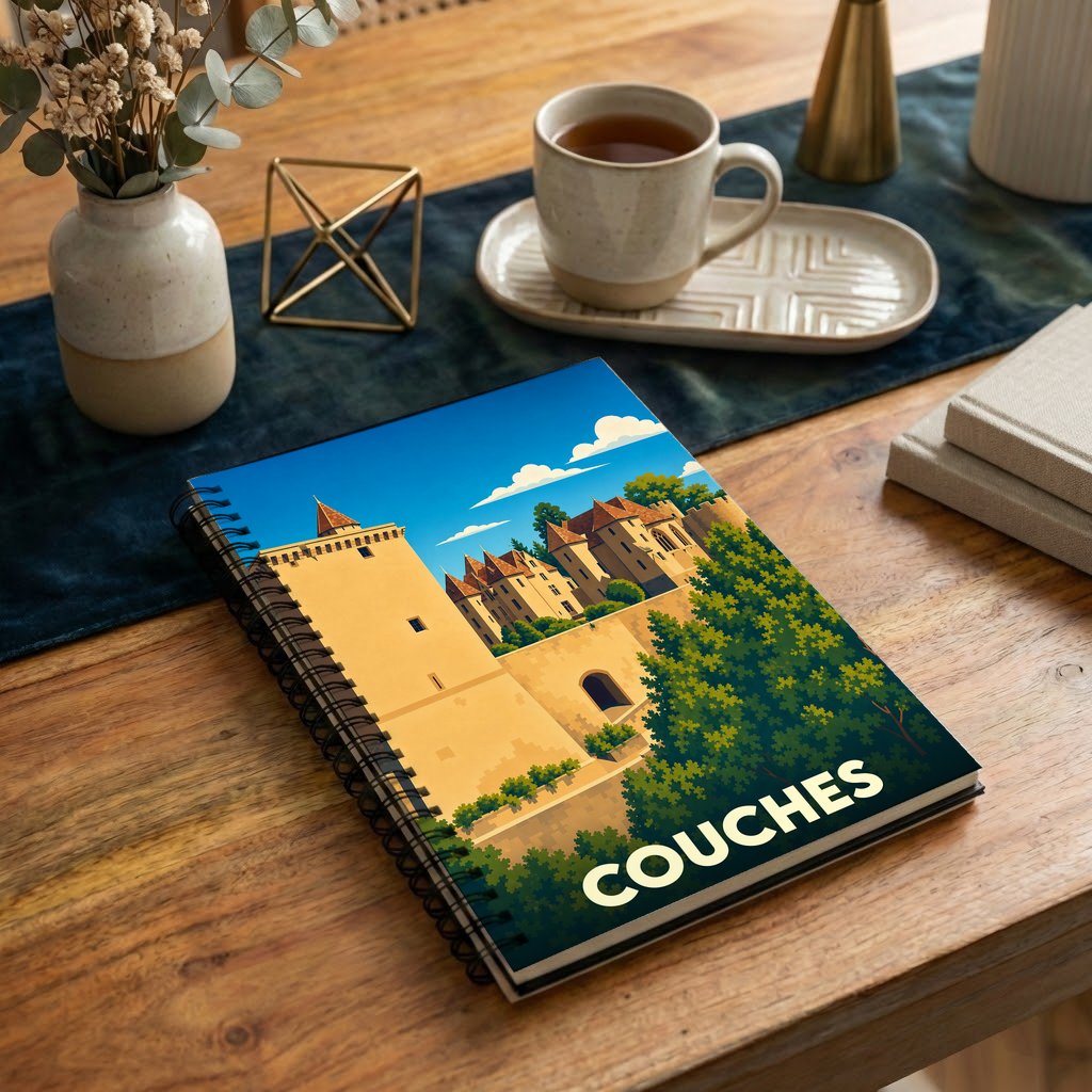 Carnet à spirales souvenir de la ville de Couches illustré d'un château de style rétro.