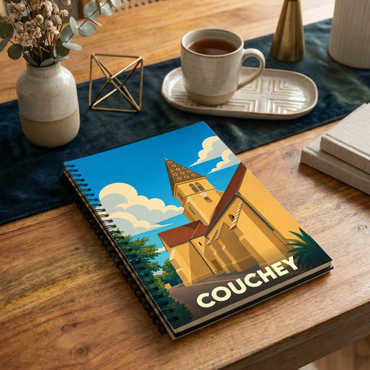 Carnet souvenir de la ville de Couchey avec une illustration stylisée de son église sous un ciel bleu.