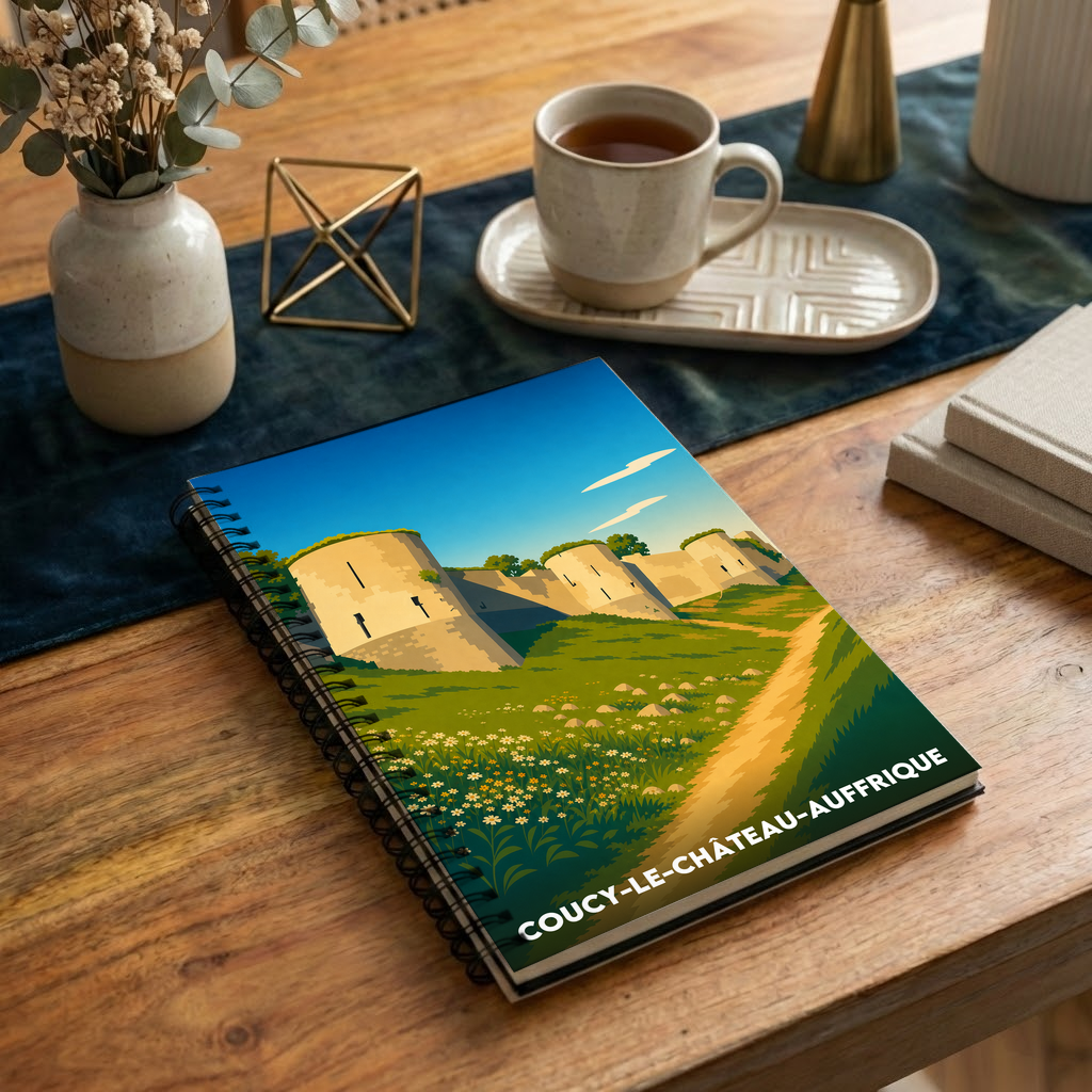 Carnet souvenir de la ville de Coucy-le-Château-Auffrique avec une illustration stylisée de son château.