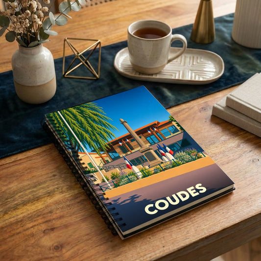 Carnet à spirales souvenir de la ville de Coudes avec une illustration stylisée et colorée.